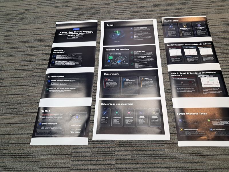 Printed research poster panels for the mouse-type biometric monitoring device, laid out on the floor